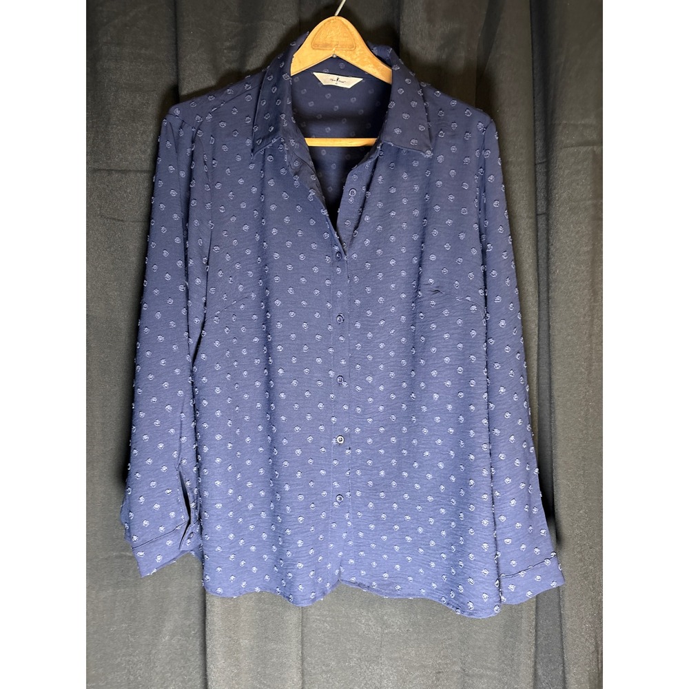 Agnes Orinda Navy Blue Clip Dot Button Down Blouse Plus Size 1X Long Sleeve
